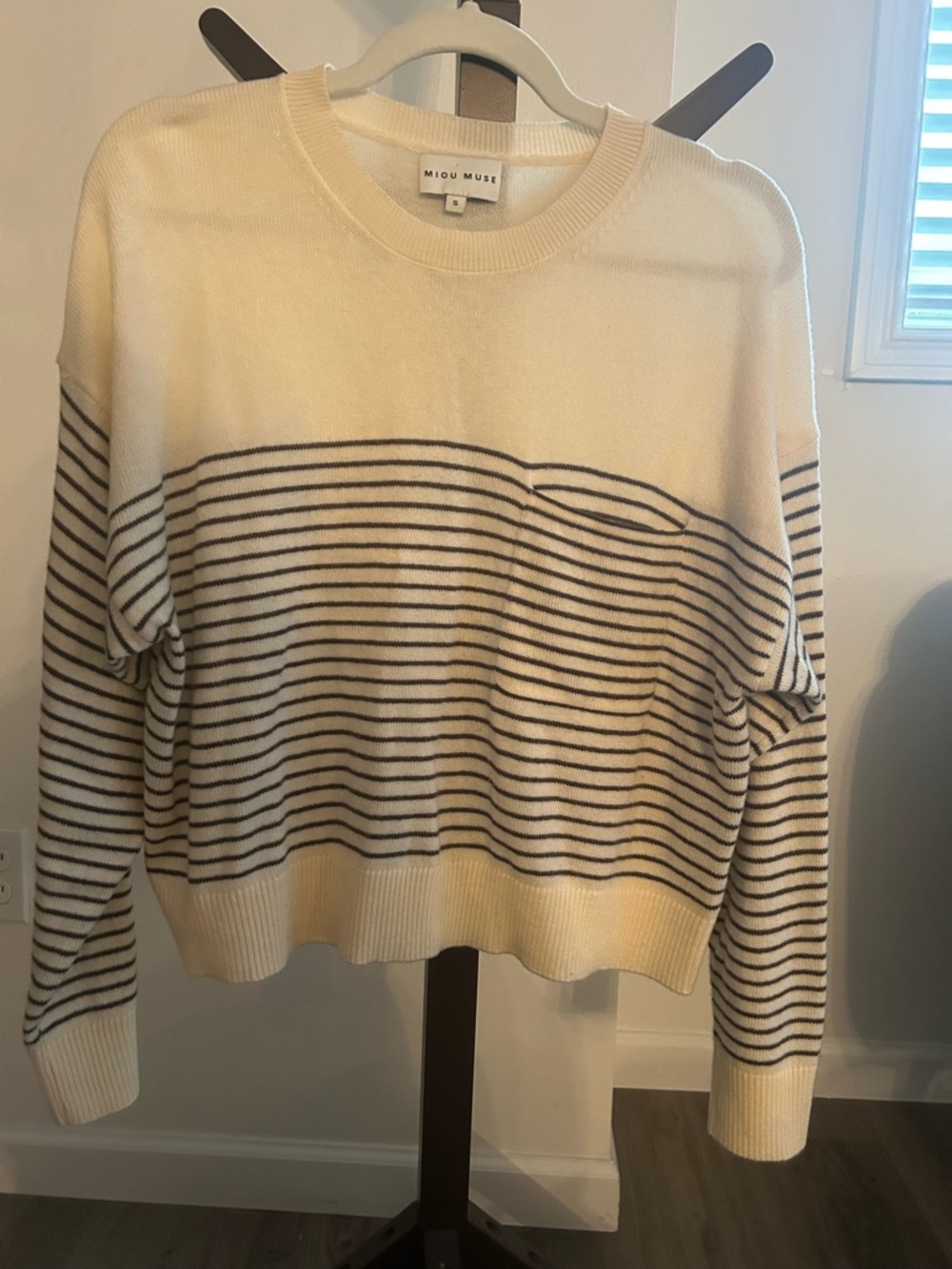 Miou Miou Cream Crewneck Sweater with Black Stripes - Picture 3 of 4